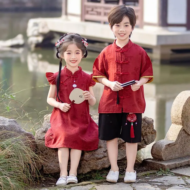 中国风汉服套装夏季儿童唐装女童连衣裙新中式男童短袖衬衫两件套