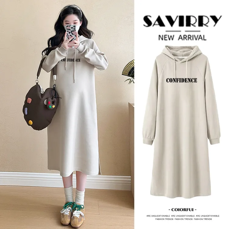 孕妇装连衣裙春秋2025新款时尚宽松休闲长款孕晚期连帽孕妇卫衣裙