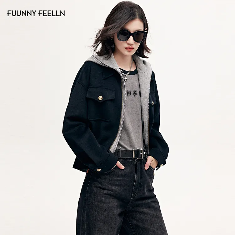 【可拆假两件】FF仿佛短外套女2025秋季新款连帽拼接宽松短款夹克
