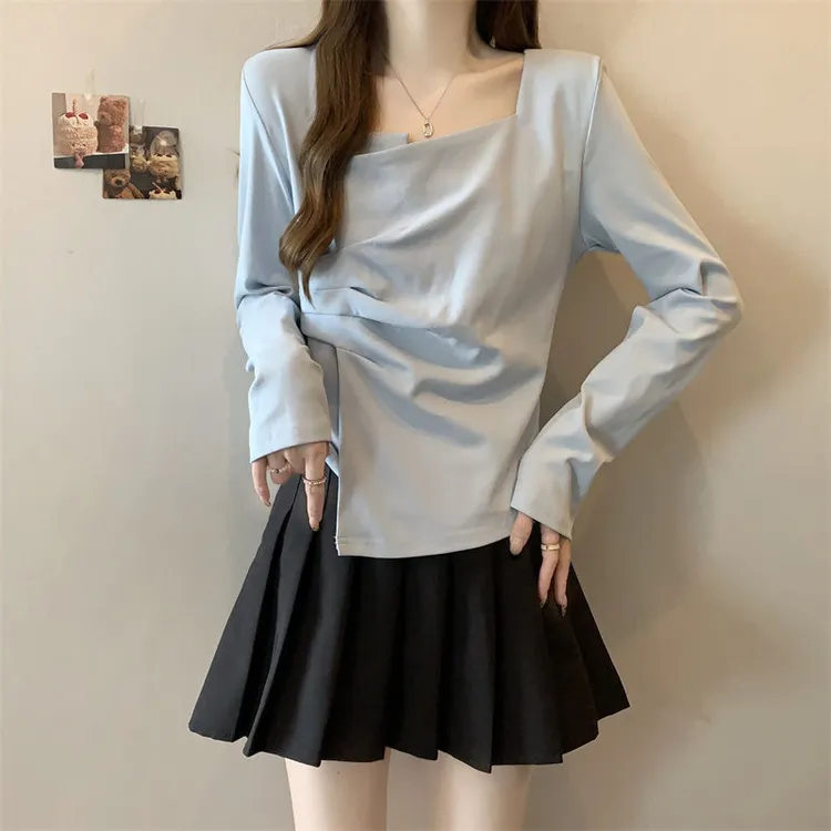 法式方领正肩长袖T恤女秋新款大码胖mm遮肚内搭打底衫不规则春秋