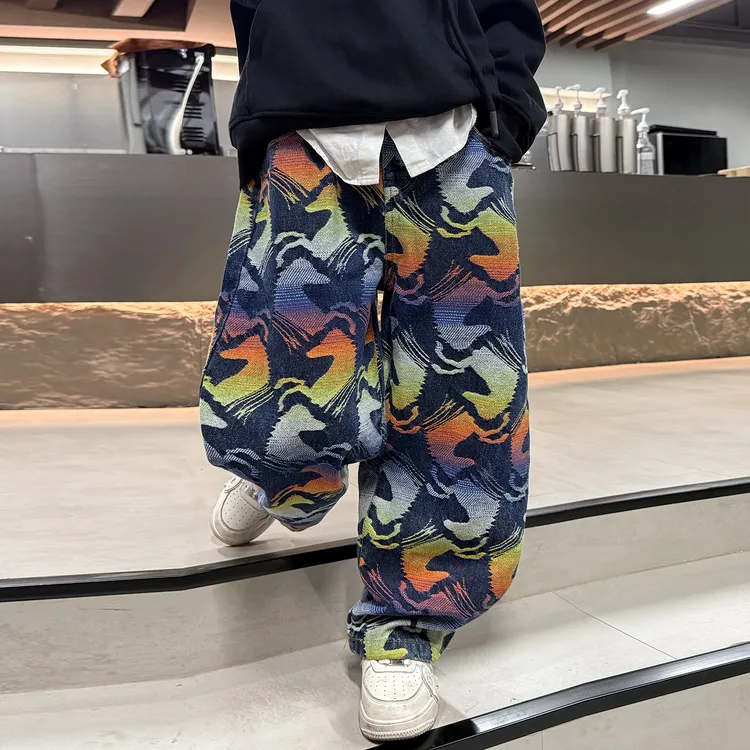 男童裤子春秋潮款印花垂感时尚休闲长裤中大童秋季薄款酷帅阔腿裤