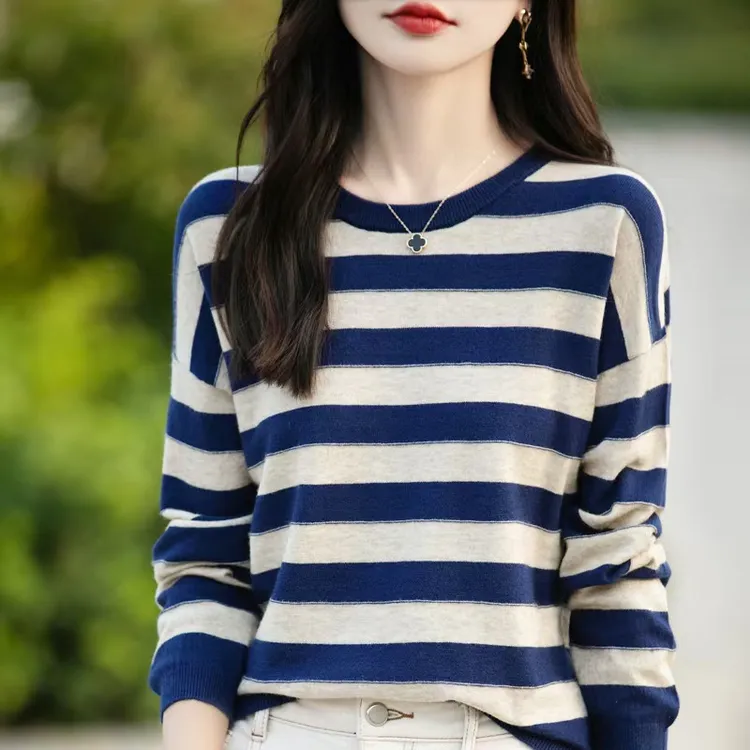 2025秋冬新款条纹撞色安迪绒圆领毛衣宽松慵懒长袖针织打底衫上衣