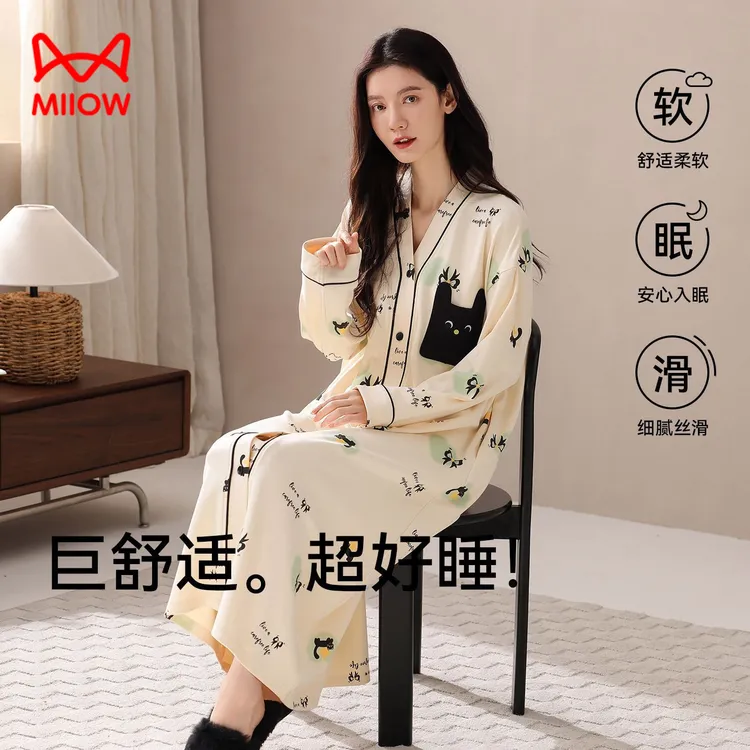 猫人新款睡衣女拉架纯棉小众卡通和服领长袖开衫可外穿家居服睡裙