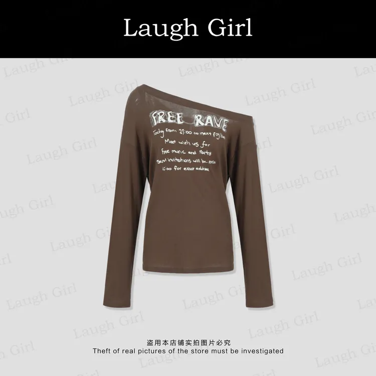 楚楚君 Laugh girl【摩卡T恤】斜肩舒适透气字母长袖T恤 TL53672J