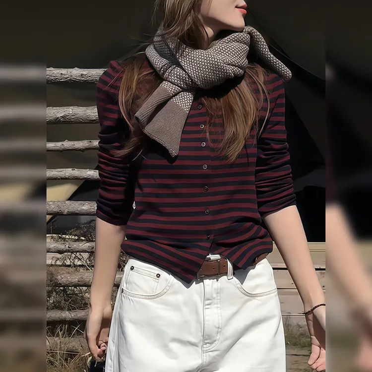 秋季新款小众日系撞色红色条纹圆领针织衫女百搭长袖开衫上衣潮