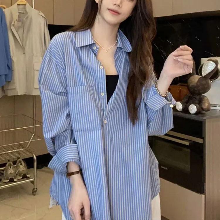 慵懒风蓝色条纹衬衫女春季新款韩系时尚气质长袖衬衣宽松休闲上衣