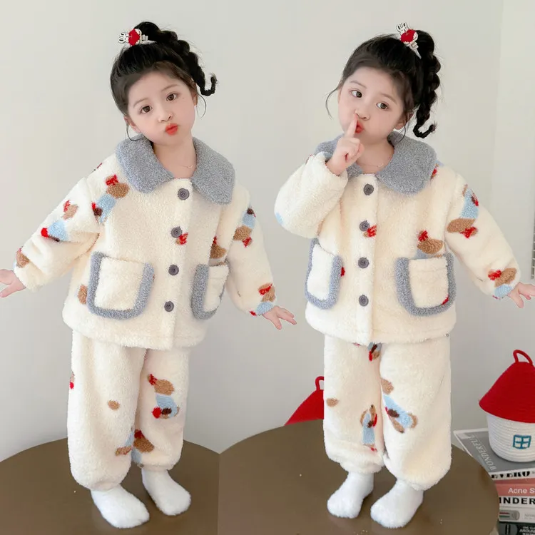 女童秋冬2025法兰绒睡衣加厚款宝宝珊瑚绒家居服开衫冬天保暖套装