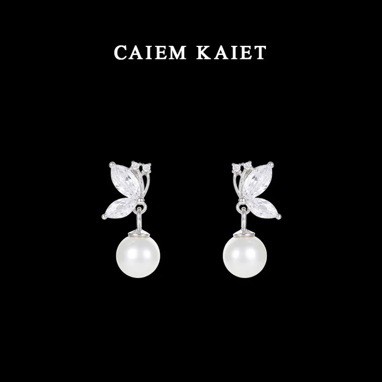 CAIEM KAIET 足银耳饰 S999纯银耳环女施家珍珠耳坠蝴蝶锆石耳钉