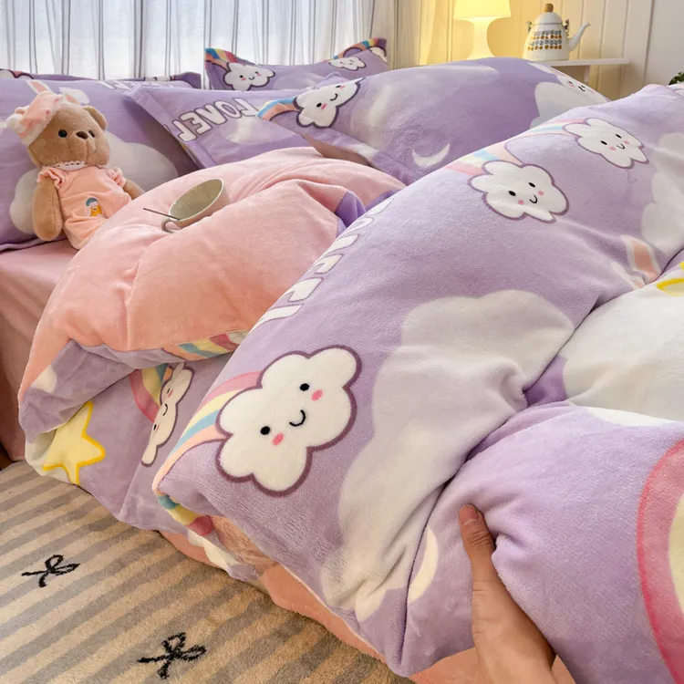 四件套冬季加绒被套双面绒床上用品雪花绒四件套牛奶绒雕花绒被套