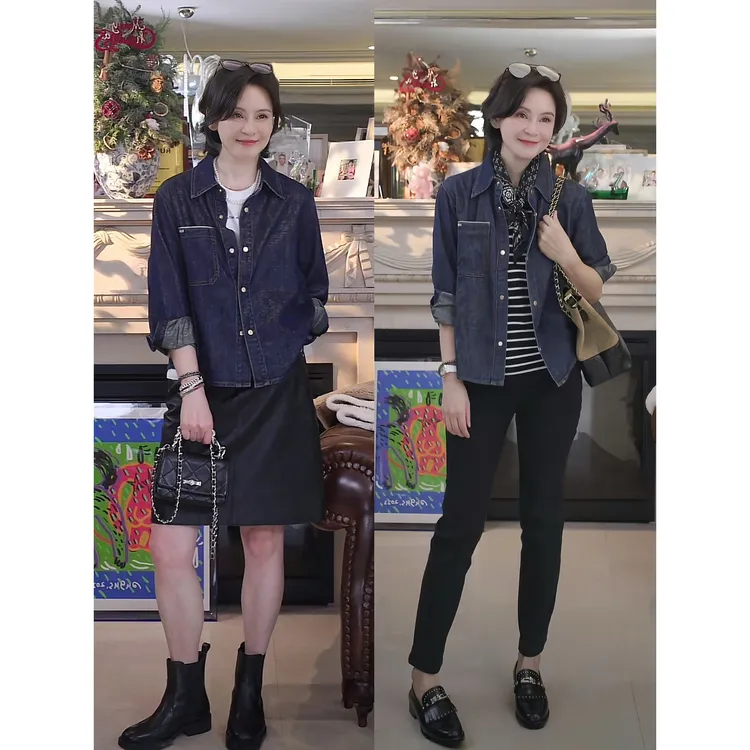 我是摩羯 哈瓦拿贵族 金属丝牛仔口袋绣花摩登棉H型早春衬衫上衣