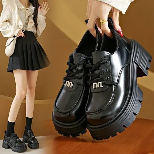 【万达撤柜】真软皮厚底乐福鞋女春秋系带单鞋小个子7cm增高小皮鞋