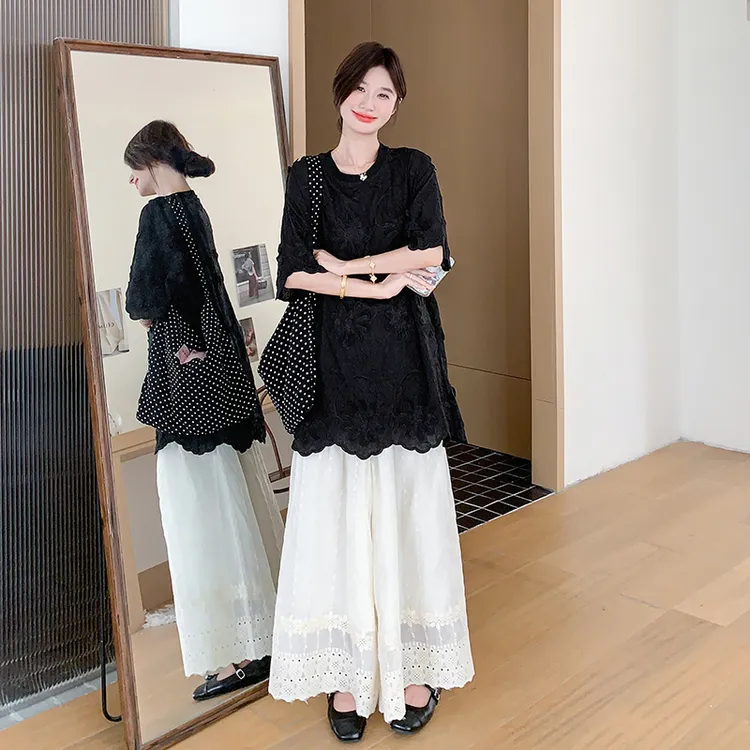 夏日ootd穿搭一整套高级感提花上衣蕾丝拼接阔腿裤大方得体两件套