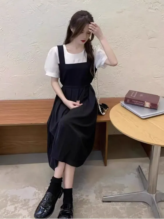 圆领百搭成人夏季新款假两件拼接大码连衣裙高腰显瘦A字裙轻熟风