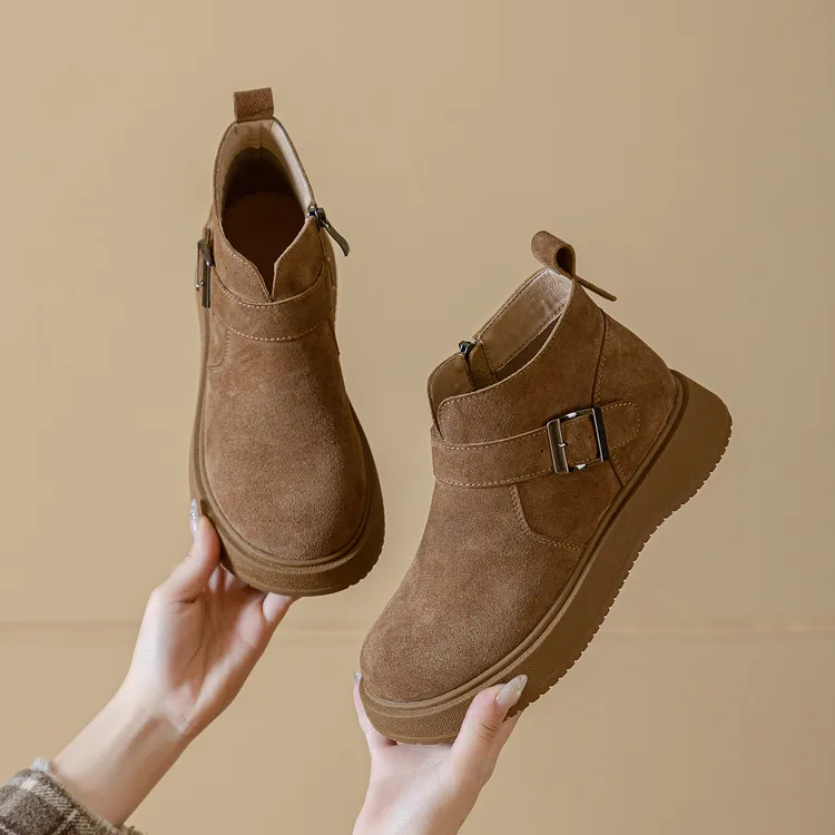 牛皮~2025新款短靴女英伦风马丁靴冬季平跟短筒保暖圆头棉靴鞋子