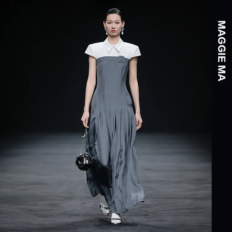 MAGGIE MA马婧设计师款夏季拼接撞色设计百褶气质翻领连衣裙149D
