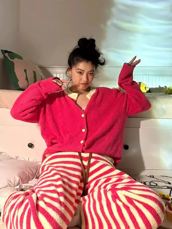 冬季长裤系带保暖睡衣家居服套装休闲圆领连体网红