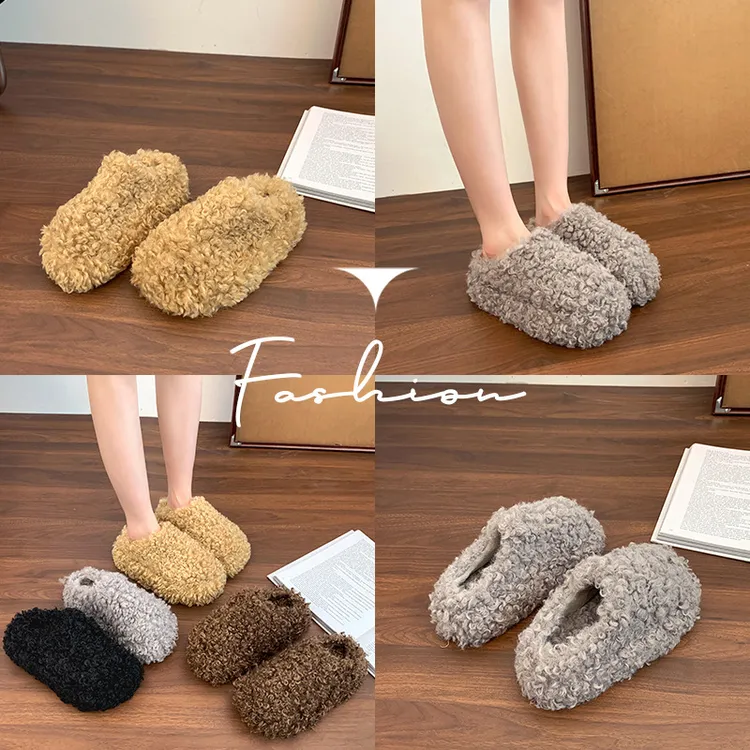 包头羊羔毛毛拖鞋女秋冬外穿2025新款厚底松糕网红加绒增高棉拖鞋