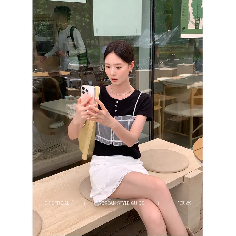 清DH OFFICIAL 大花【时髦懒人 suit】真两件网纱感吊带华夫格T恤