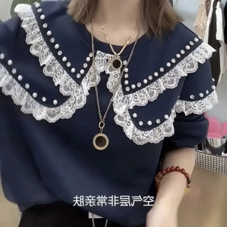 中长款圆领长袖法式铆钉蝴蝶卫衣蕾丝小众减龄洋气