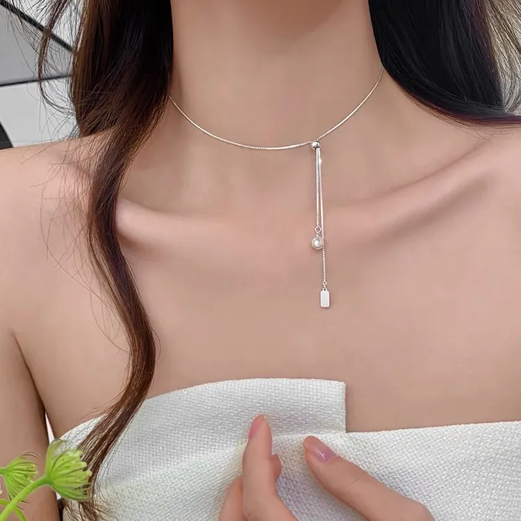 坠链均925银 珍珠银牌抽拉式项链轻奢小众冷淡风设计感送闺蜜礼物