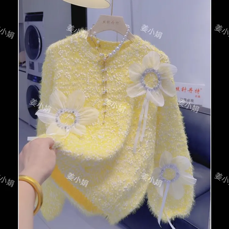 向甜美立体花朵加厚针织衫女秋冬新款韩系慵懒温柔风设计感毛衣