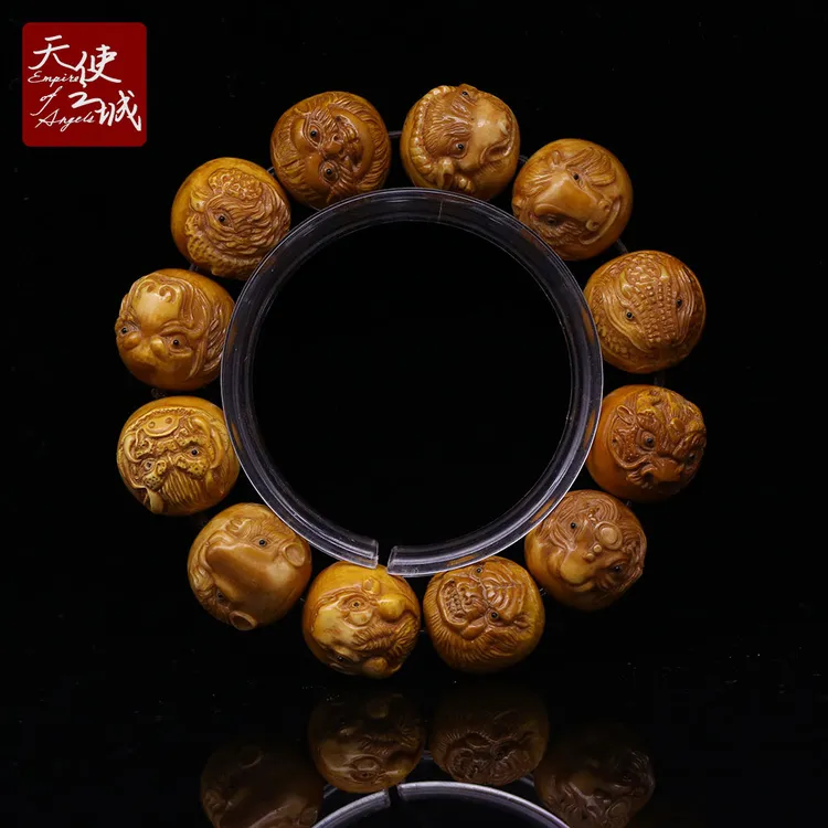天然猛犸象牙十二生肖佛珠手串