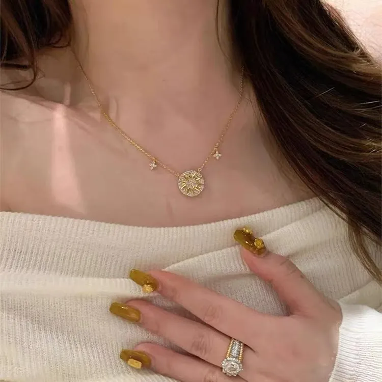 铜合金项链 爆闪满锆八芒星罗盘项链时尚法式失序混搭风女款坠链