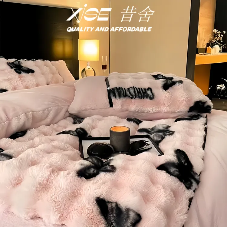 公主风高级感丹麦绒四件套牛奶绒山茶花冬季加厚双面珊瑚绒保暖A