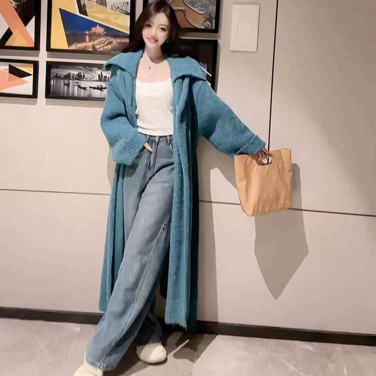 翻领韩版毛衣针织开衫外套女2025年秋冬加厚长款气质系带针织开衫