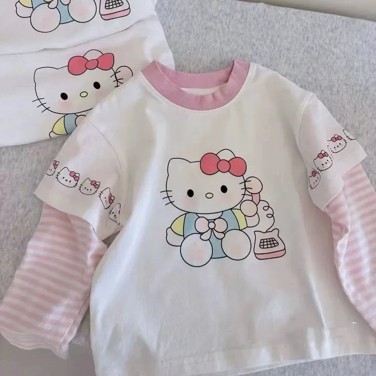 女童纯棉长袖T恤春秋新款洋气打底衫假两件上衣儿童女宝宝日系潮