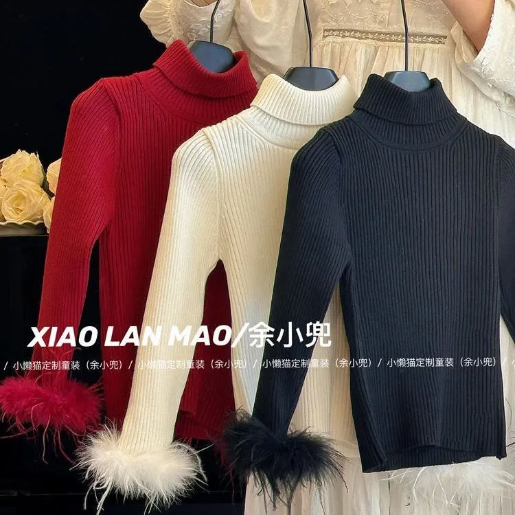 韩国女童毛袖口毛衣25年冬季新年装儿童宝宝翻领打底针织衫上衣
