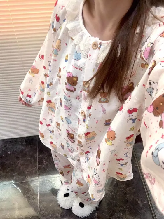 韩版可爱黑皮凯蒂猫圆领蕾丝花边睡衣女长袖长裤家居服套装可外穿