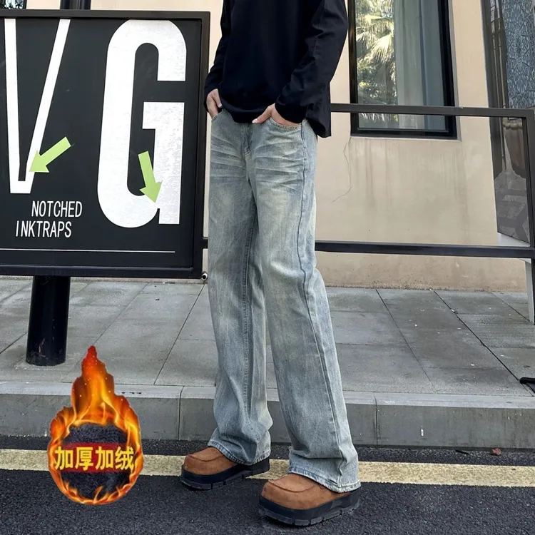 美式复古闪电纹牛仔裤男春秋季潮流宽松垂感直筒裤男高街阔腿裤子