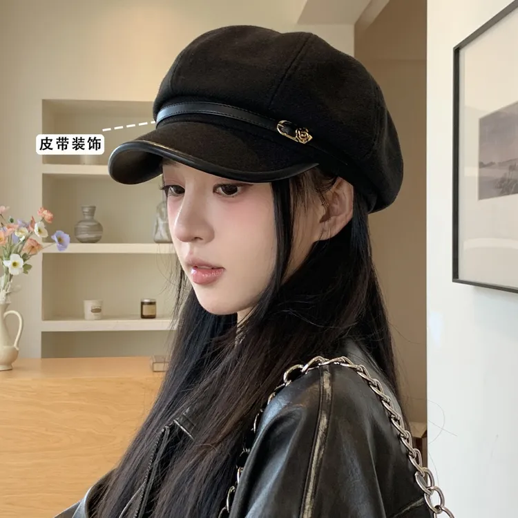 日系复古文艺风黑色鸭舌贝雷帽女休闲百搭气质显脸小八角云朵帽子