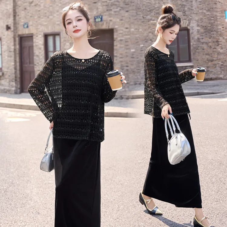 黑色镂空长袖针织套装裙女2025年秋季新款设计感宽松吊带裙两件套