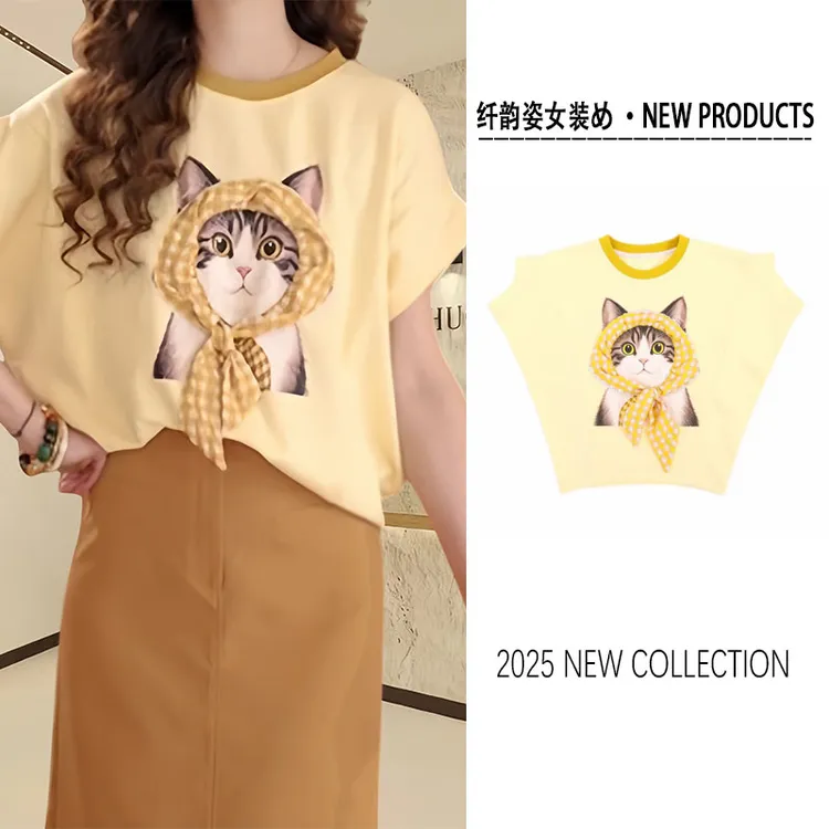 【梨云落】慵懒黄色猫咪印花正肩短袖2025夏季新款宽松休闲小众上衣