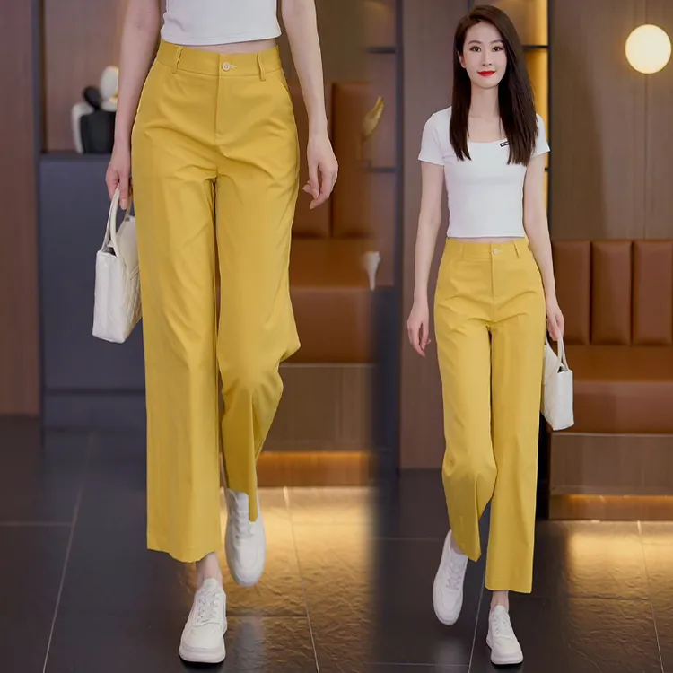 柠檬黄窄版阔腿裤女2025夏薄款高腰宽松显瘦休闲裤抗皱九分直筒裤