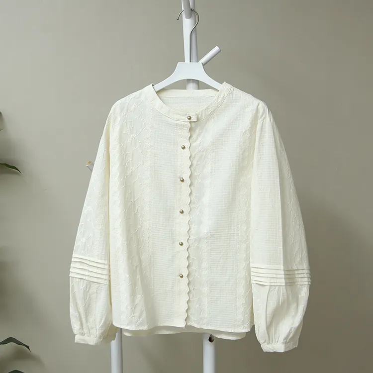 圆领春夏薄款刺绣长袖衬衣女白色法式小香风文艺棉质上衣时尚衬衣