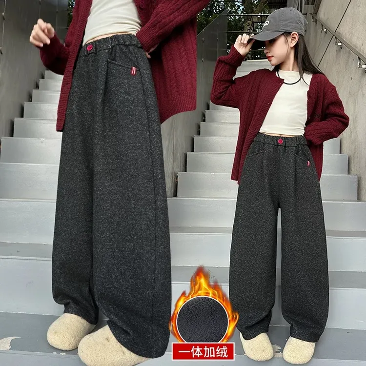 女童毛呢糯米裤秋冬2025新款儿童冬季加绒弯刀裤女孩休闲阔腿裤子