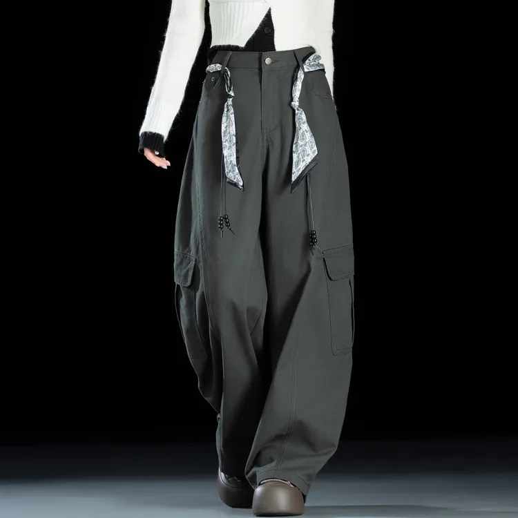 灰色弯刀加绒裤子女款爆款2025新款美式高街工装裤宽松休闲裤秋冬