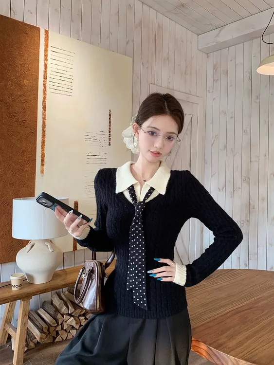 【巴黎纪事】6-8运补秋冬氛围感假两件丝巾针织衫女显瘦打底衫上衣