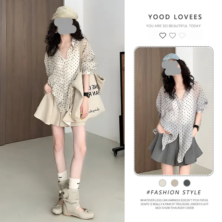 法式高级感波点长袖衬衫高腰短裤女2025新款夏季复古轻奢两件套潮