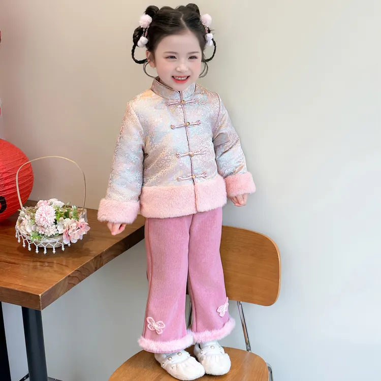 小女孩国风新年套装冬装2025新款夹棉加厚两件套新中式过年拜年服
