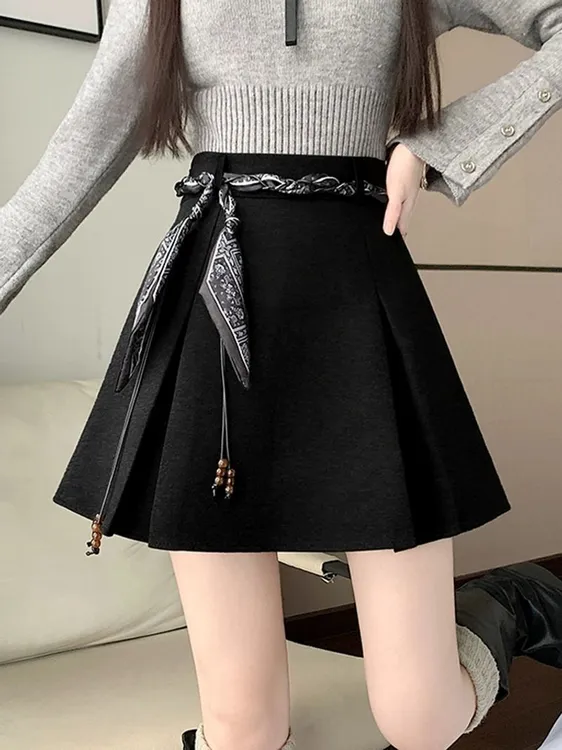 黑色毛呢百褶半身裙女2025秋冬新款学院风高腰显瘦a字带腰带短裙