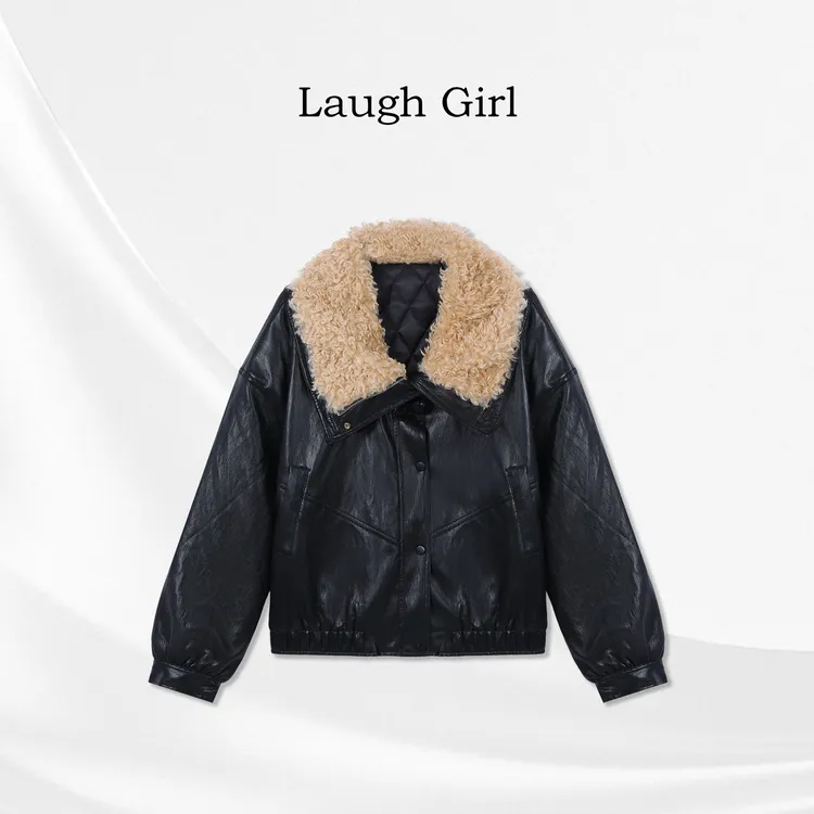 楚楚君 Laugh girl【黑金皮衣】翻领时尚绒绒皮衣外套WL531200J