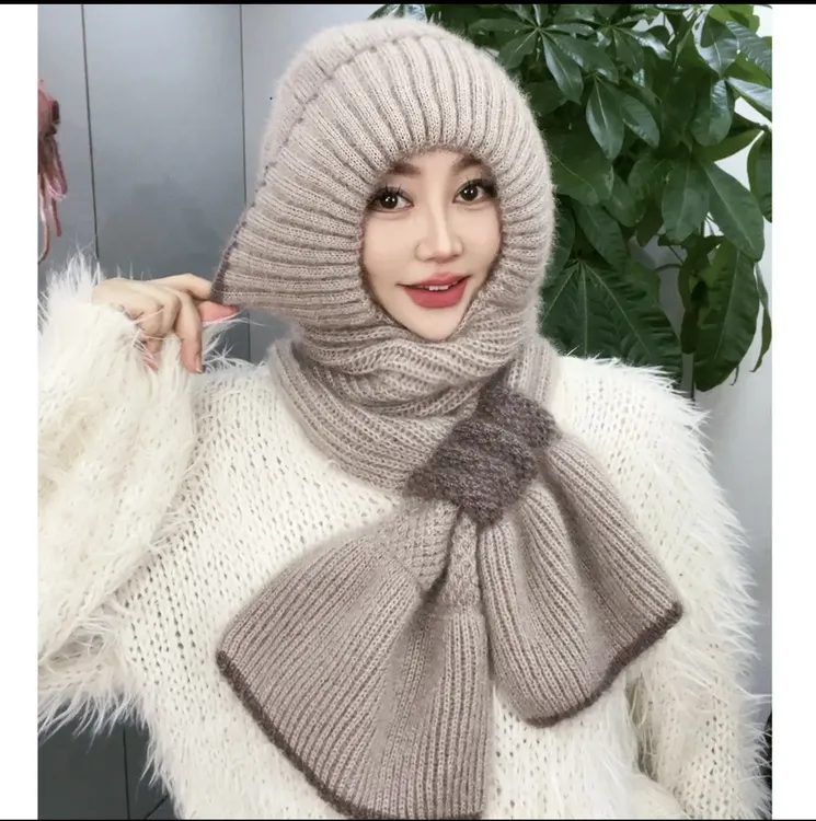 新款秋冬加绒加厚编织风雪帽时尚百搭女士冬天护耳朵帽子围巾一体