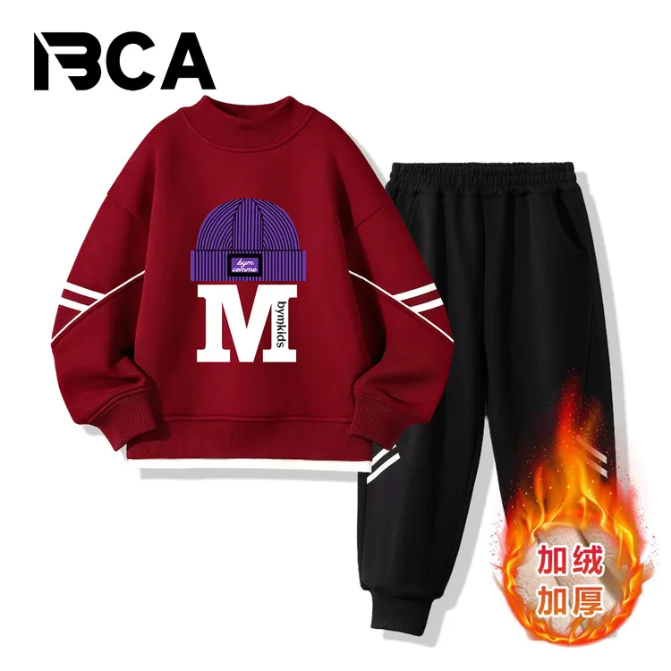 BCA【冠军代言】中大童秋冬加绒男童套装假两件S-015+GN-11印花男童