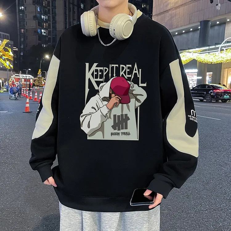 美式休闲大码圆领卫衣男2025春秋季新款潮流百搭宽松印花长袖上衣