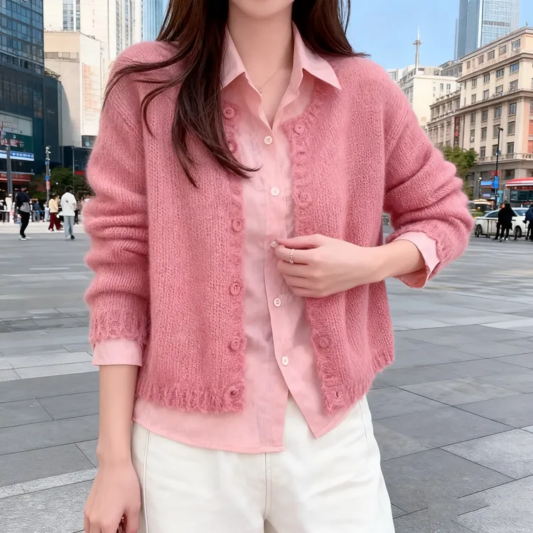 慵懒温柔粉色软糯圆领针织开衫女2025新款秋冬减龄显白长袖毛衣