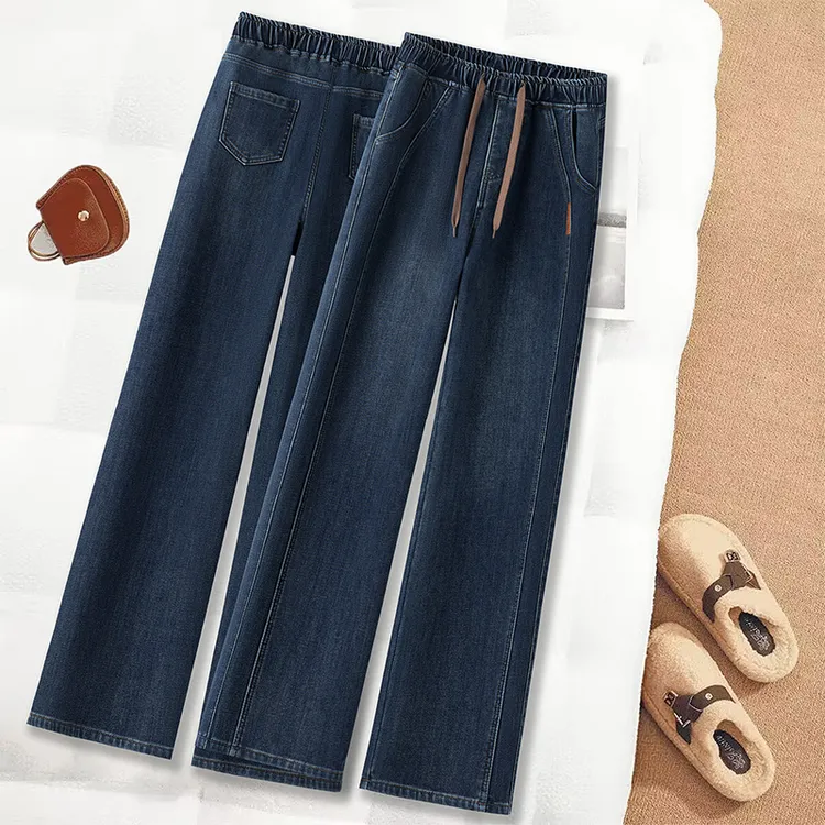 秋冬季爆款加绒舒适直筒裤女2025年新款高腰松紧腰微软直筒牛仔裤